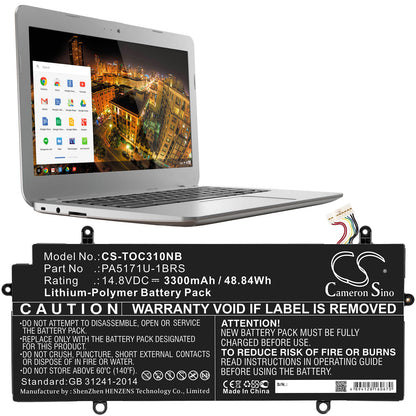 14.8V, 3300mAh, Li-Polymer Battery fits Toshiba, Cb30-102, Cb35-a3120 Chromebook, 48.84Wh