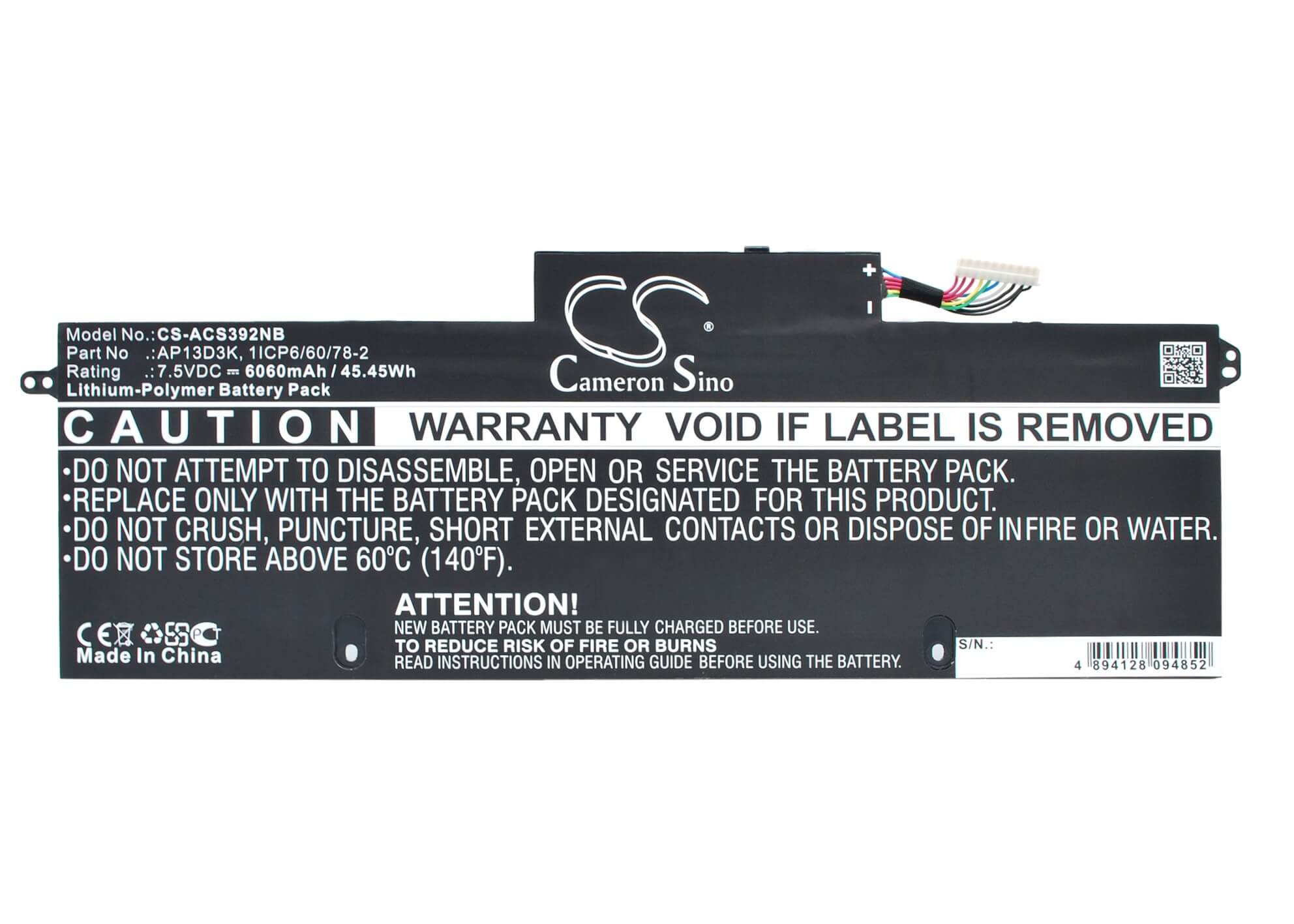 7.5V, 6060mAh, Li-Polymer Battery fits Acer, Aspire S3, Aspire S3-392, 45.45Wh