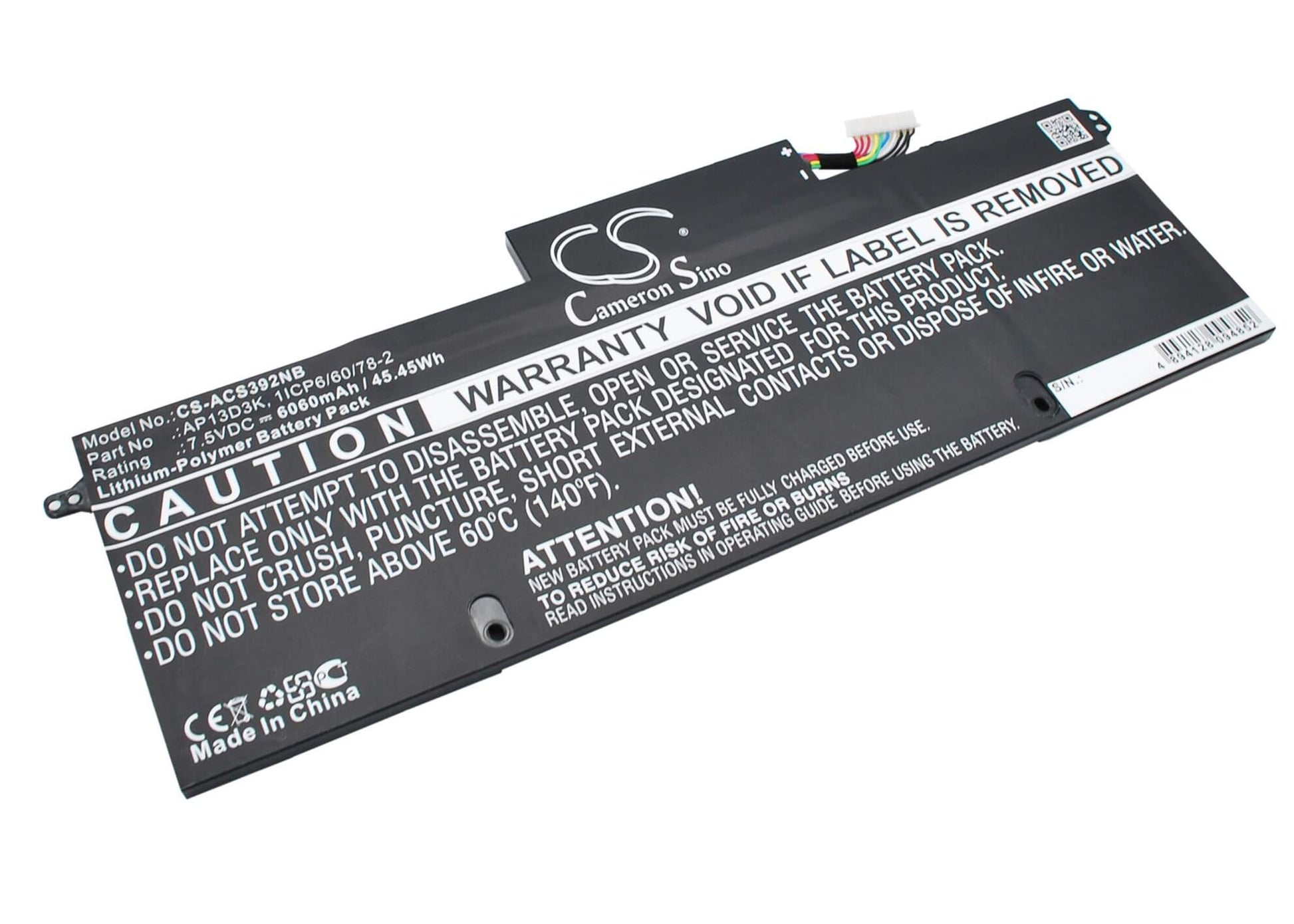 7.5V, 6060mAh, Li-Polymer Battery fits Acer, Aspire S3, Aspire S3-392, 45.45Wh
