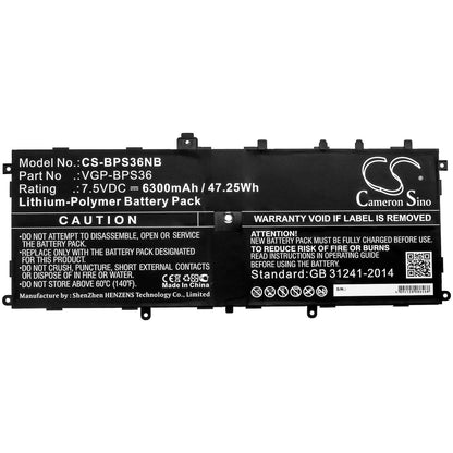 7.5V, 6300mAh, Li-Polymer Battery fits Sony, Svd13211cg, Svd13211cgb, 47.25Wh
