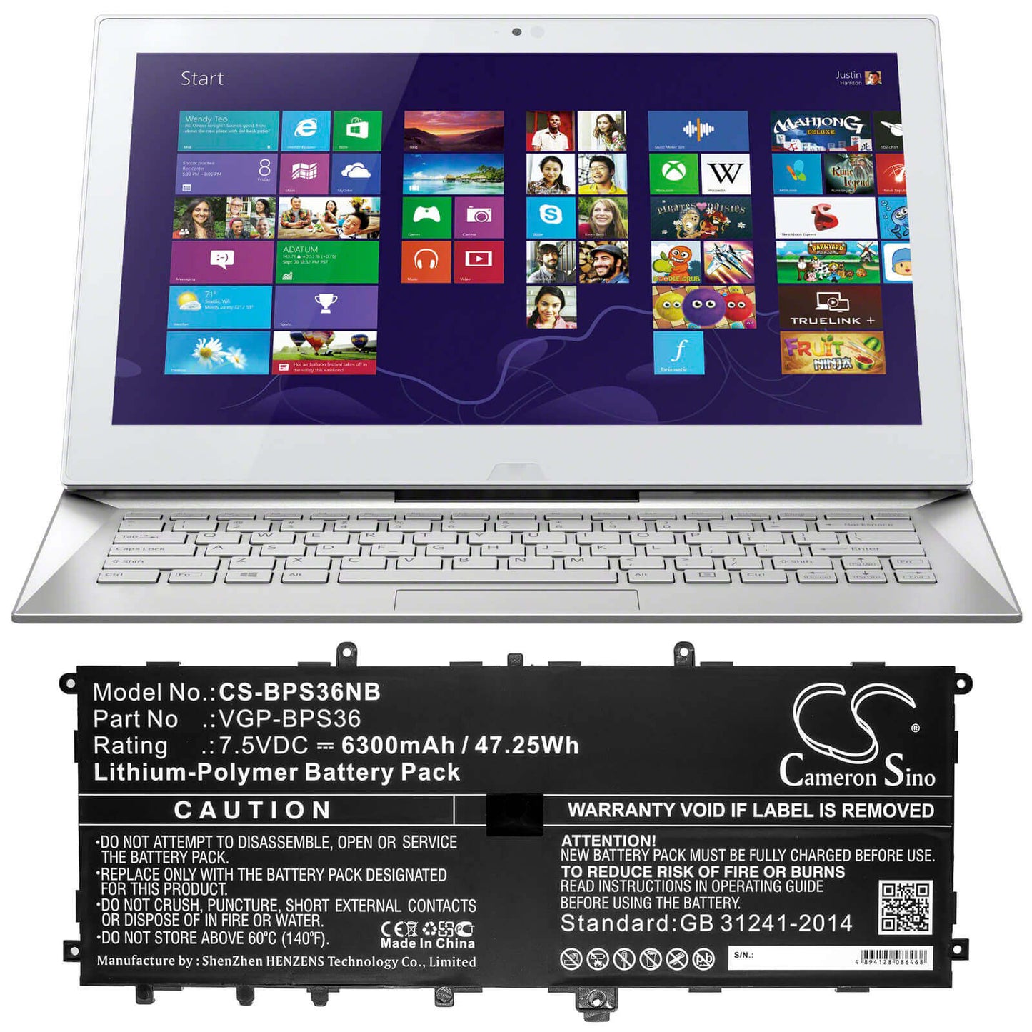 7.5V, 6300mAh, Li-Polymer Battery fits Sony, Svd13211cg, Svd13211cgb, 47.25Wh