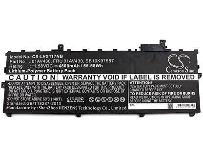 11.58V, 4800mAh, Li-Polymer Battery fits Lenovo, Thinkpad X1 Carbon 2017, Thinkpad X1 Carbon 2017-20hr00, 55.584Wh
