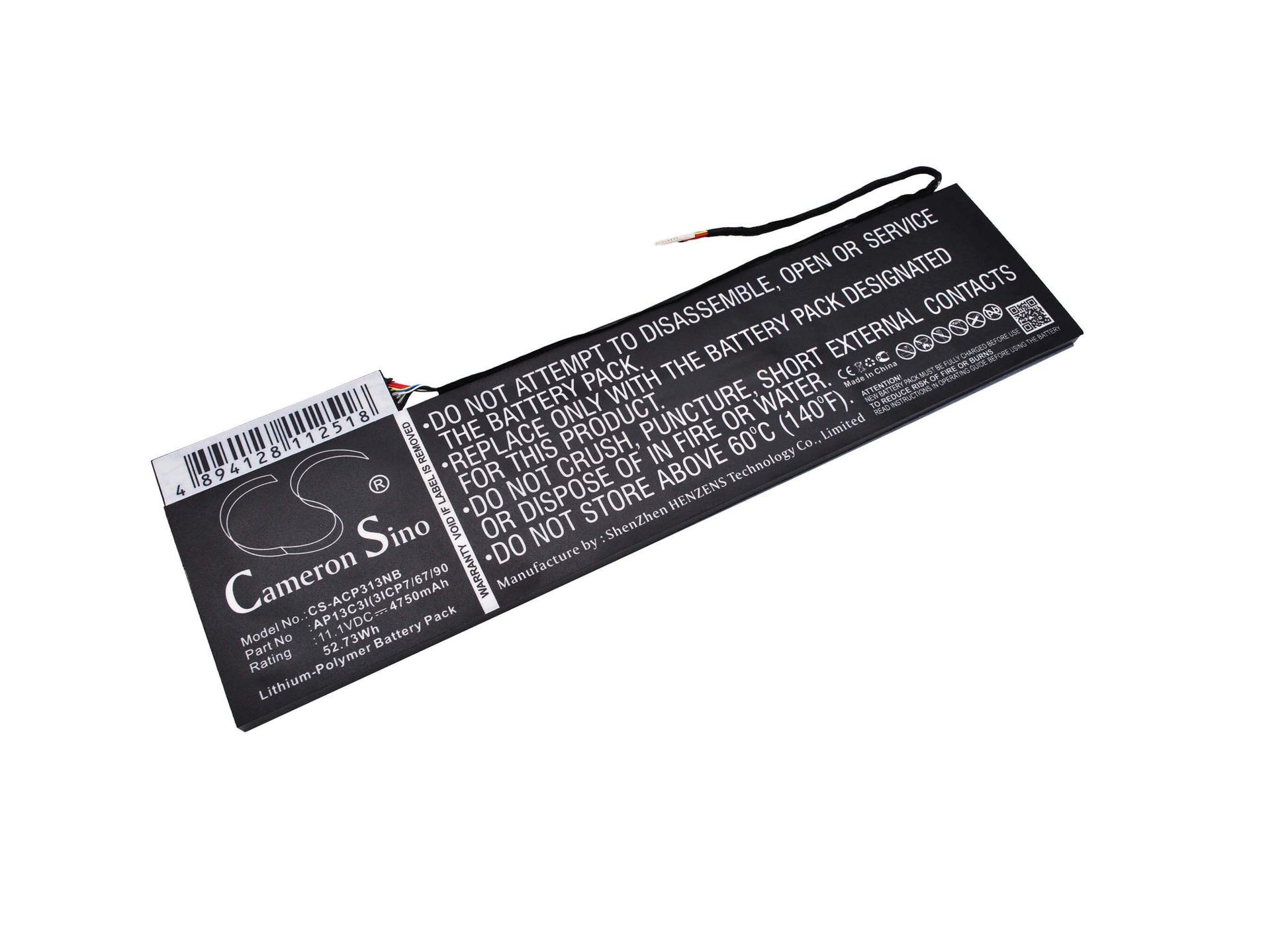11.1V, 4750mAh, Li-Polymer Battery fits Acer, Aspire P3-131, Aspire P3-131-4602, 52.725Wh