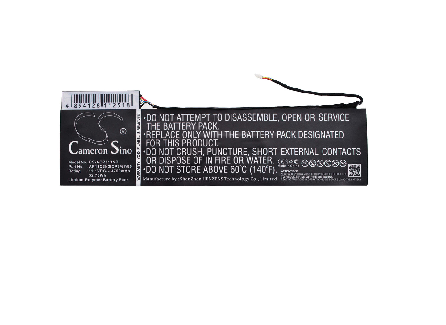 11.1V, 4750mAh, Li-Polymer Battery fits Acer, Aspire P3-131, Aspire P3-131-4602, 52.725Wh