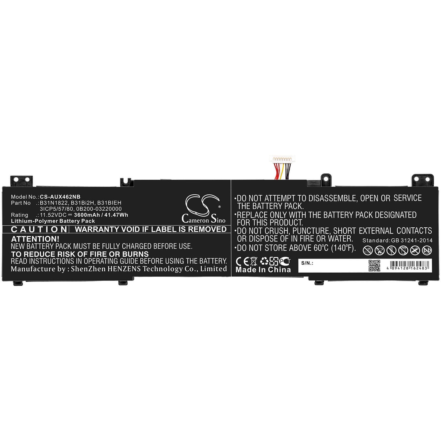 11.52V, 3600mAh, Li-Polymer Battery fits Asus, Um462da, Ux462, 41.472Wh