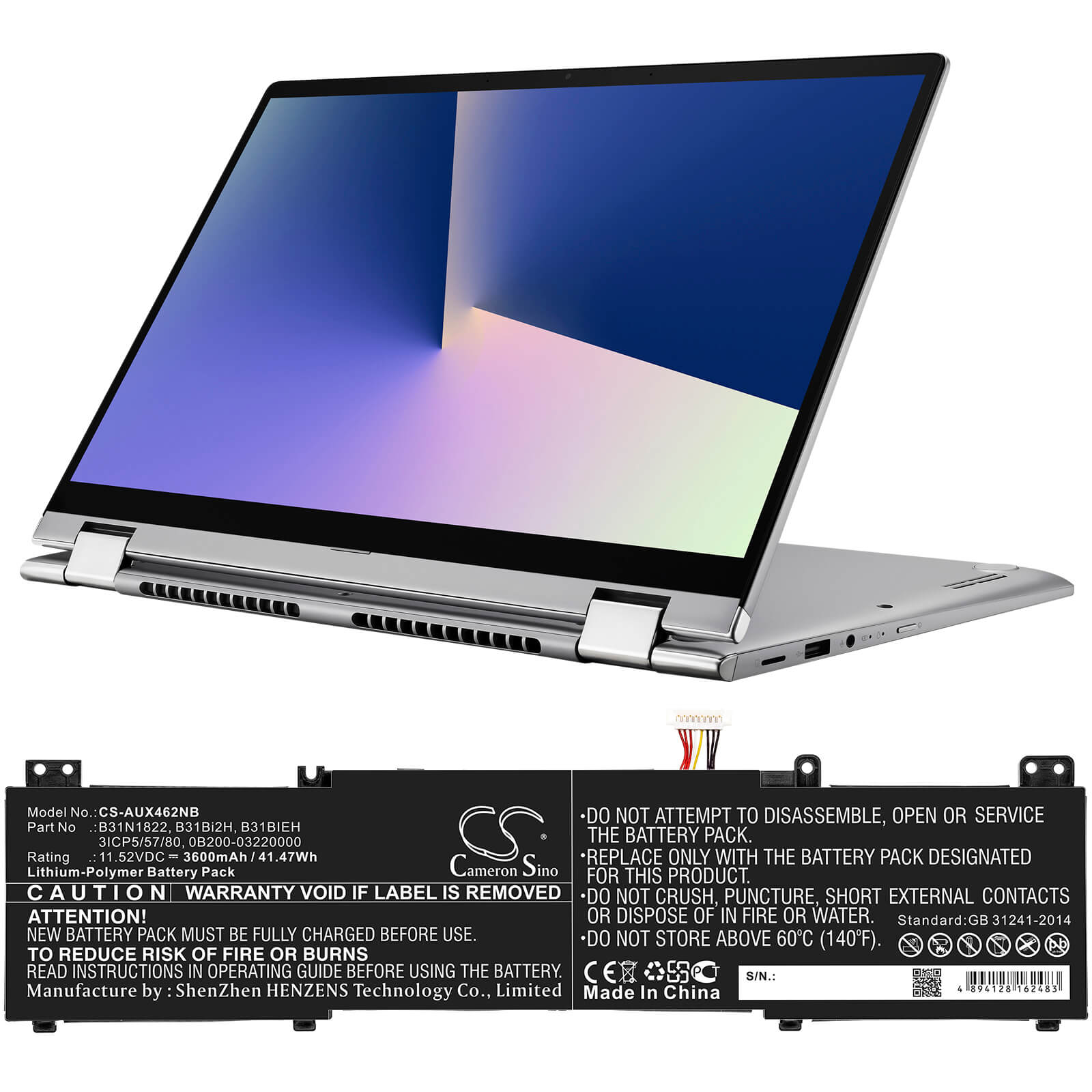 11.52V, 3600mAh, Li-Polymer Battery fits Asus, Um462da, Ux462, 41.472Wh