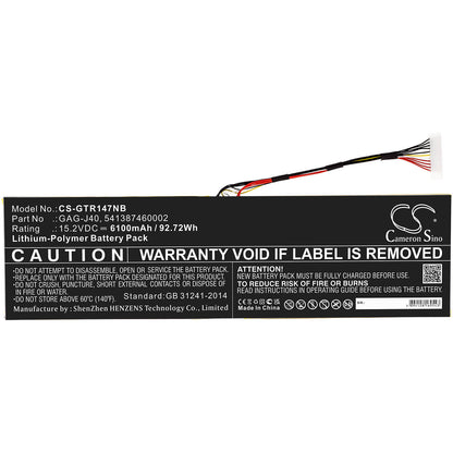 15.2V, 6100mAh, Li-Polymer Battery fits Gateway, Aero 14 K7, 92.72Wh