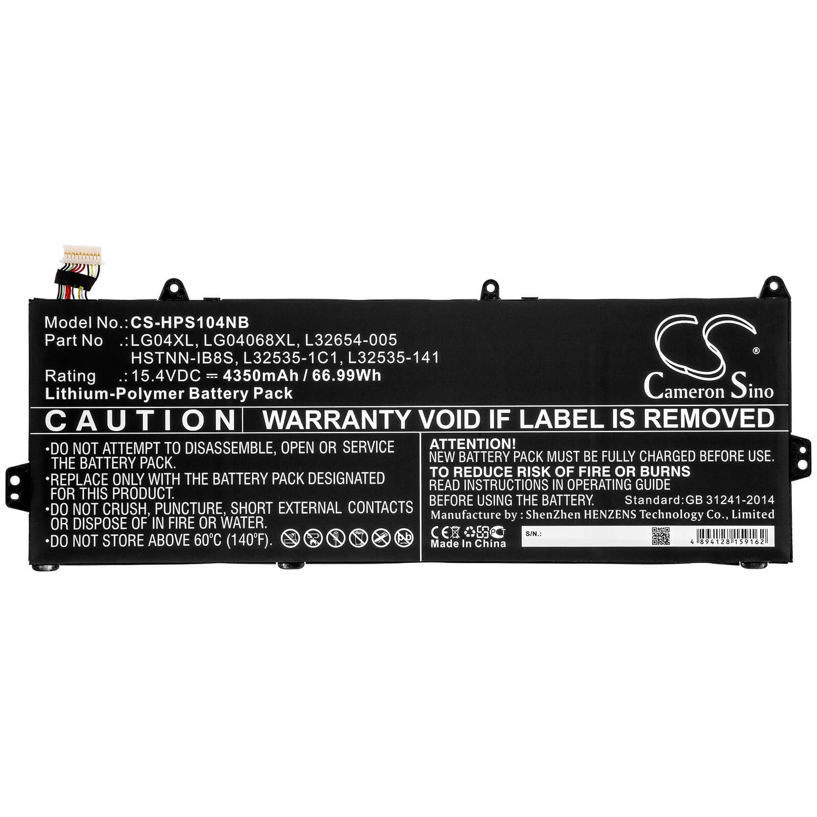 15.4V, 4350mAh, Li-Polymer Battery fits Hp, Pavilion 15-cs1001la, Pavilion 15-cs1002la, 66.99Wh