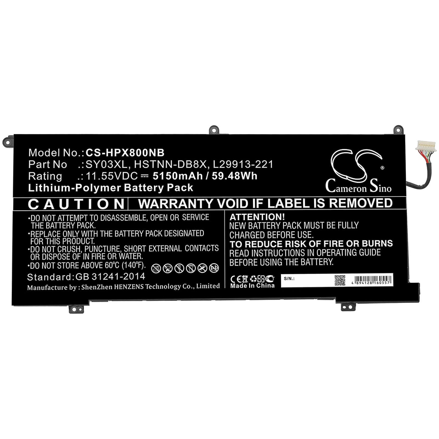 11.55V, 5150mAh, Li-Polymer Battery fits Hp, Chromebook X360 14 G1, Chromebook X360 14-da, 59.4825Wh