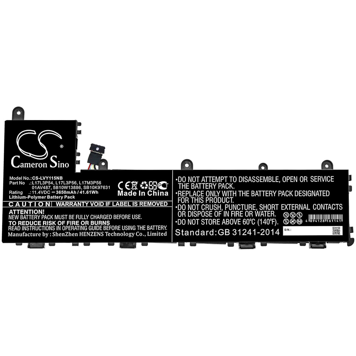 11.4V, 3650mAh, Li-Polymer Battery fits Lenovo, Thinkpad Yoga 11e 5th Gen, Tp 11e 5th Gen 20ln0005au, 41.61Wh