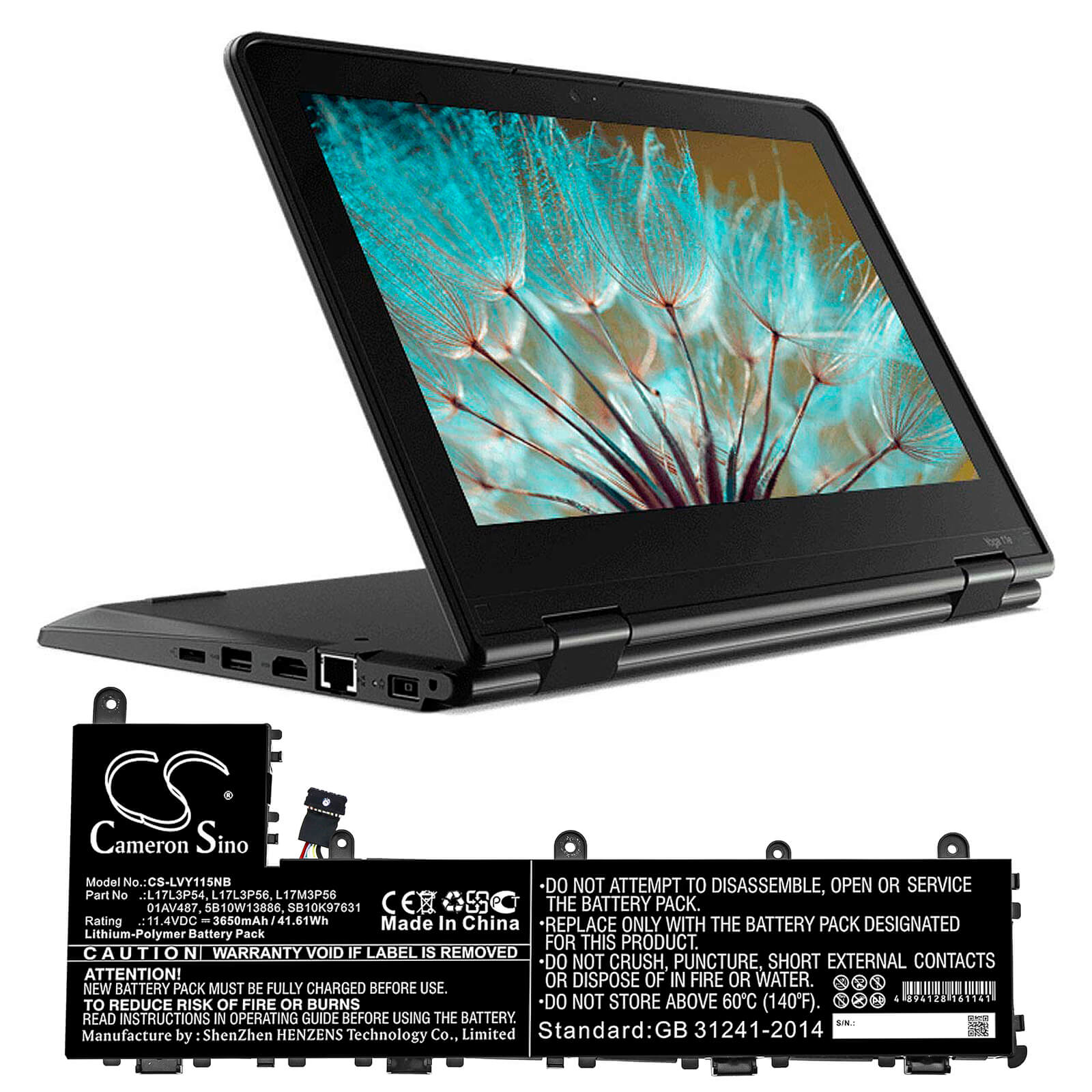 11.4V, 3650mAh, Li-Polymer Battery fits Lenovo, Thinkpad Yoga 11e 5th Gen, Tp 11e 5th Gen 20ln0005au, 41.61Wh