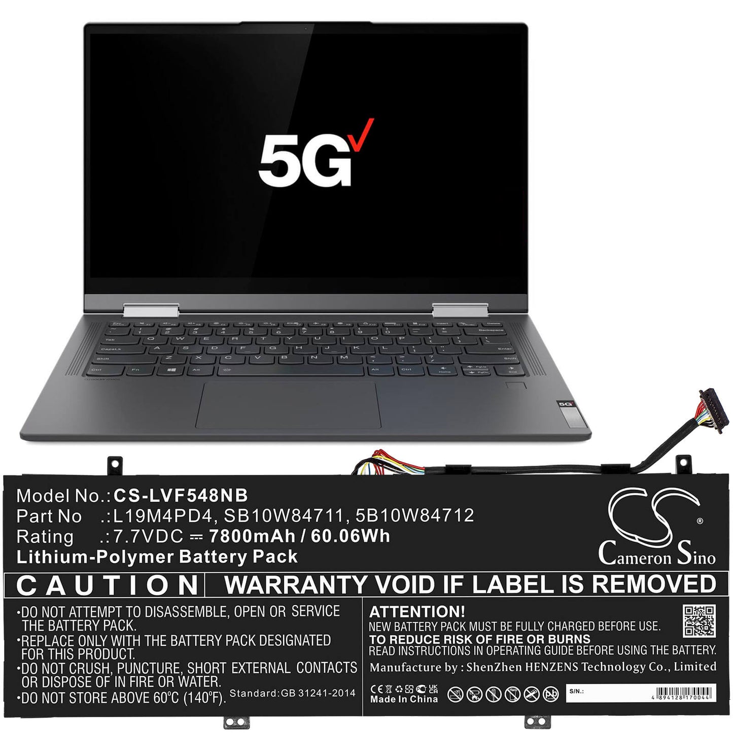 7.7V, 7800mAh, Li-Polymer Battery fits Lenovo, Flex 5g, Flex 5g-14q8cx05(81xe/82ak), 60.06Wh