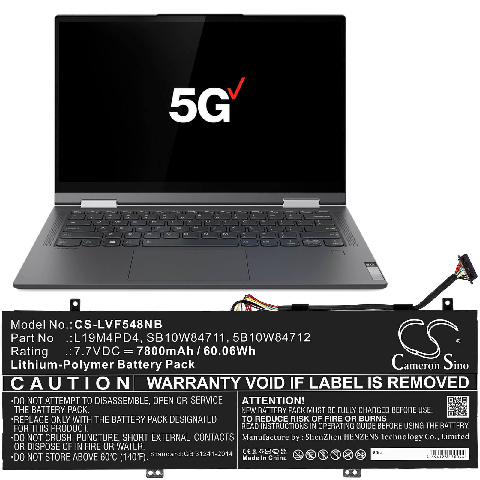 7.7V, 7800mAh, Li-Polymer Battery fits Lenovo, Flex 5g, Flex 5g-14q8cx05(81xe/82ak), 60.06Wh