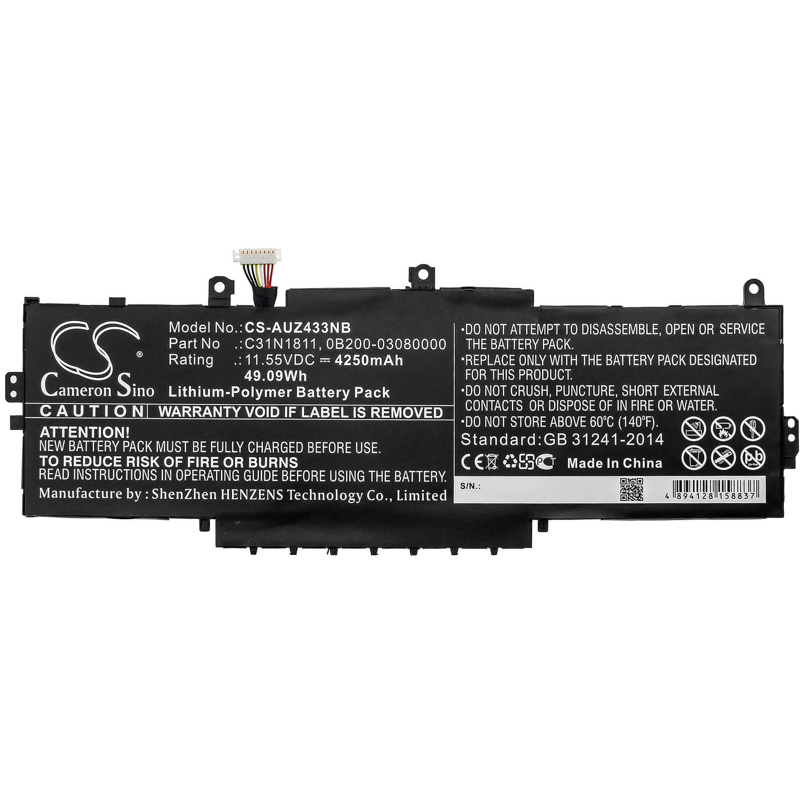 11.55V, 4250mAh, Li-Polymer Battery fits Asus, Bx433fn, Deluxe 13, 49.0875Wh