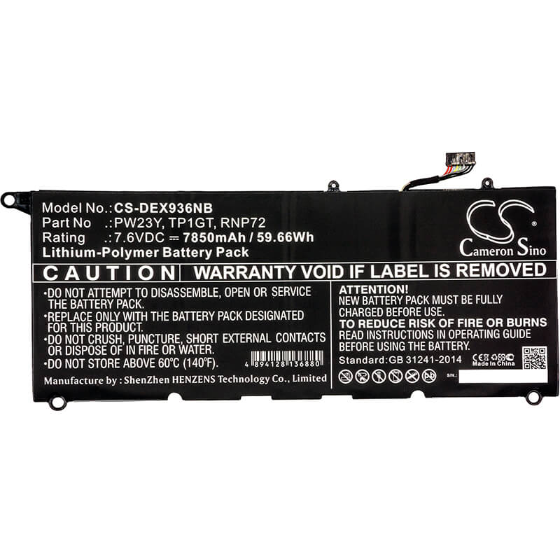 7.6V, 7850mAh, Li-Polymer Battery fits Dell, Xps 13 9360, Xps 13 9360-d1605g, 59.66Wh