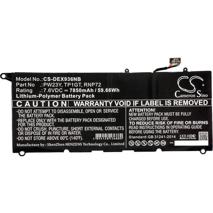 7.6V, 7850mAh, Li-Polymer Battery fits Dell, Xps 13 9360, Xps 13 9360-d1605g, 59.66Wh