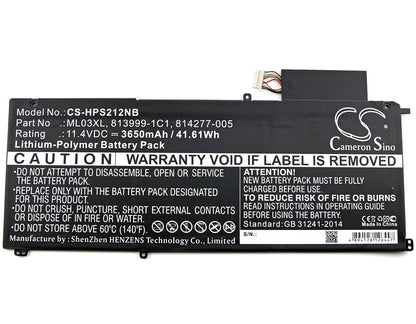 11.4V, 3650mAh, Li-Polymer Battery fits Hp, 12-a001dx, Spectre 12-a000 X2, 41.61Wh
