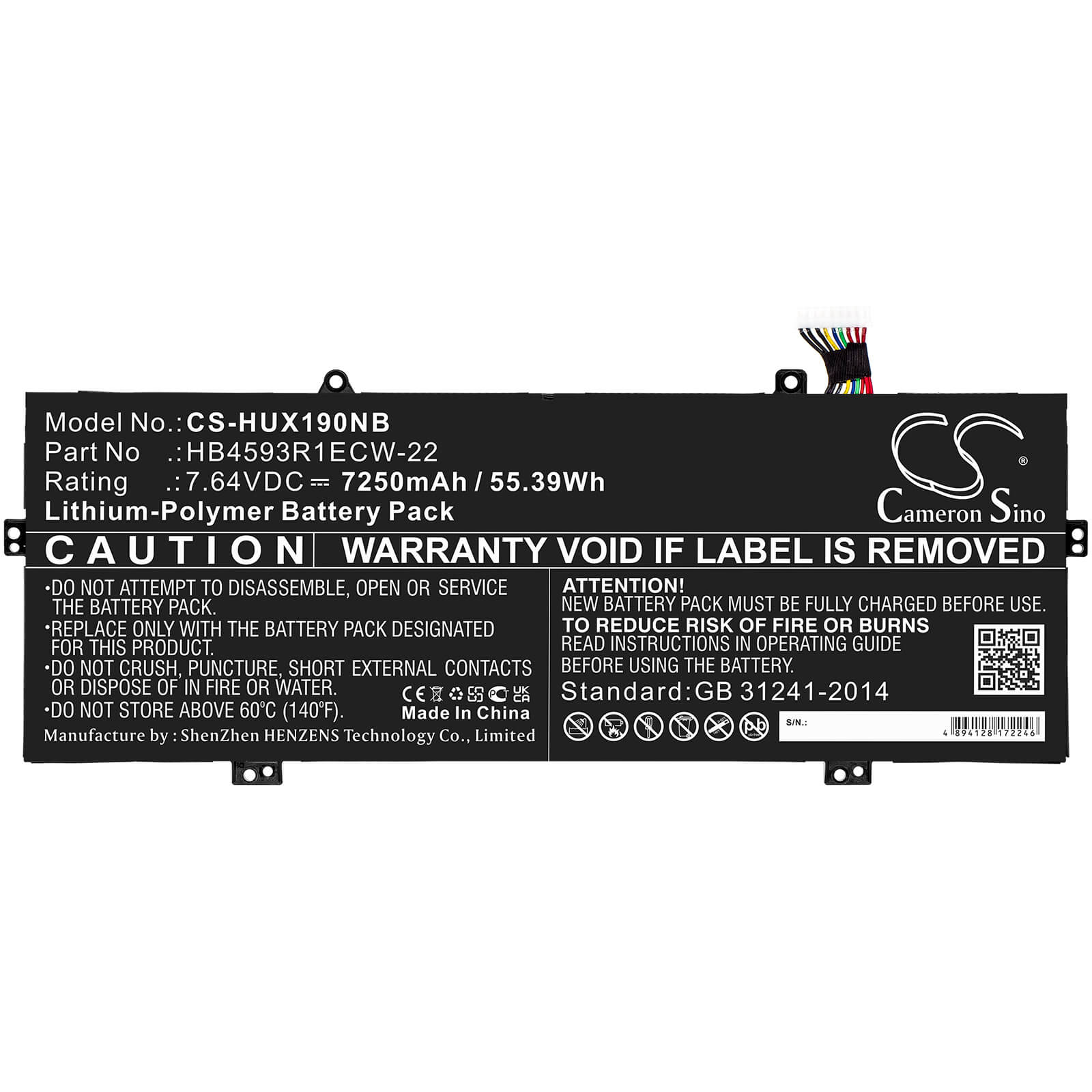 7.64V, 7250mAh, Li-Polymer Battery fits Huawei, Mach-w19l, Matebook X Pro 2020, 55.39Wh