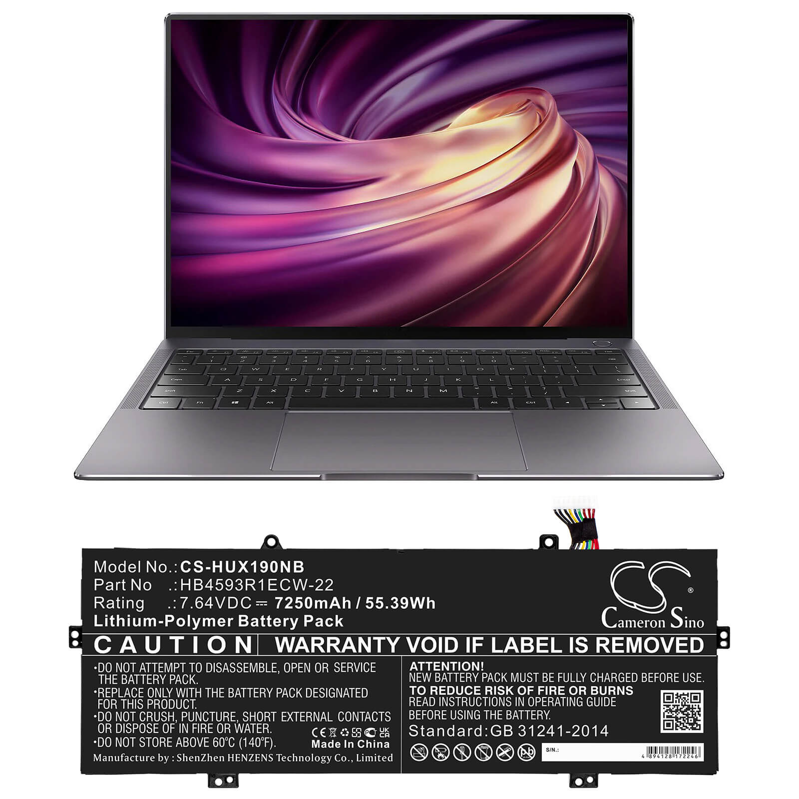 7.64V, 7250mAh, Li-Polymer Battery fits Huawei, Mach-w19l, Matebook X Pro 2020, 55.39Wh