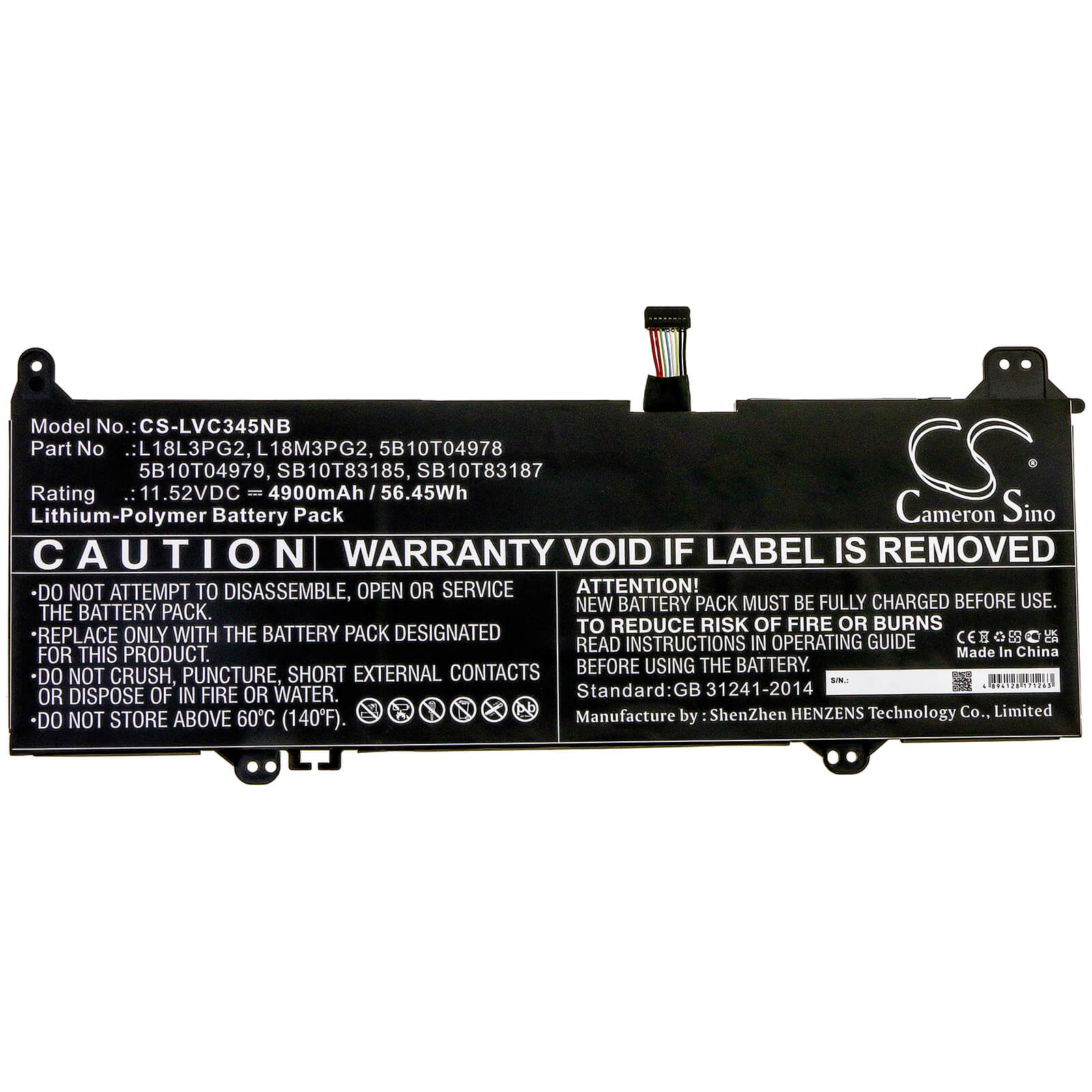 11.52V, 4900mAh, Li-Polymer Battery fits Lenovo, 14e Chromebook 81mh000yau, 14e Chromebook 81mh0011au, 56.448Wh