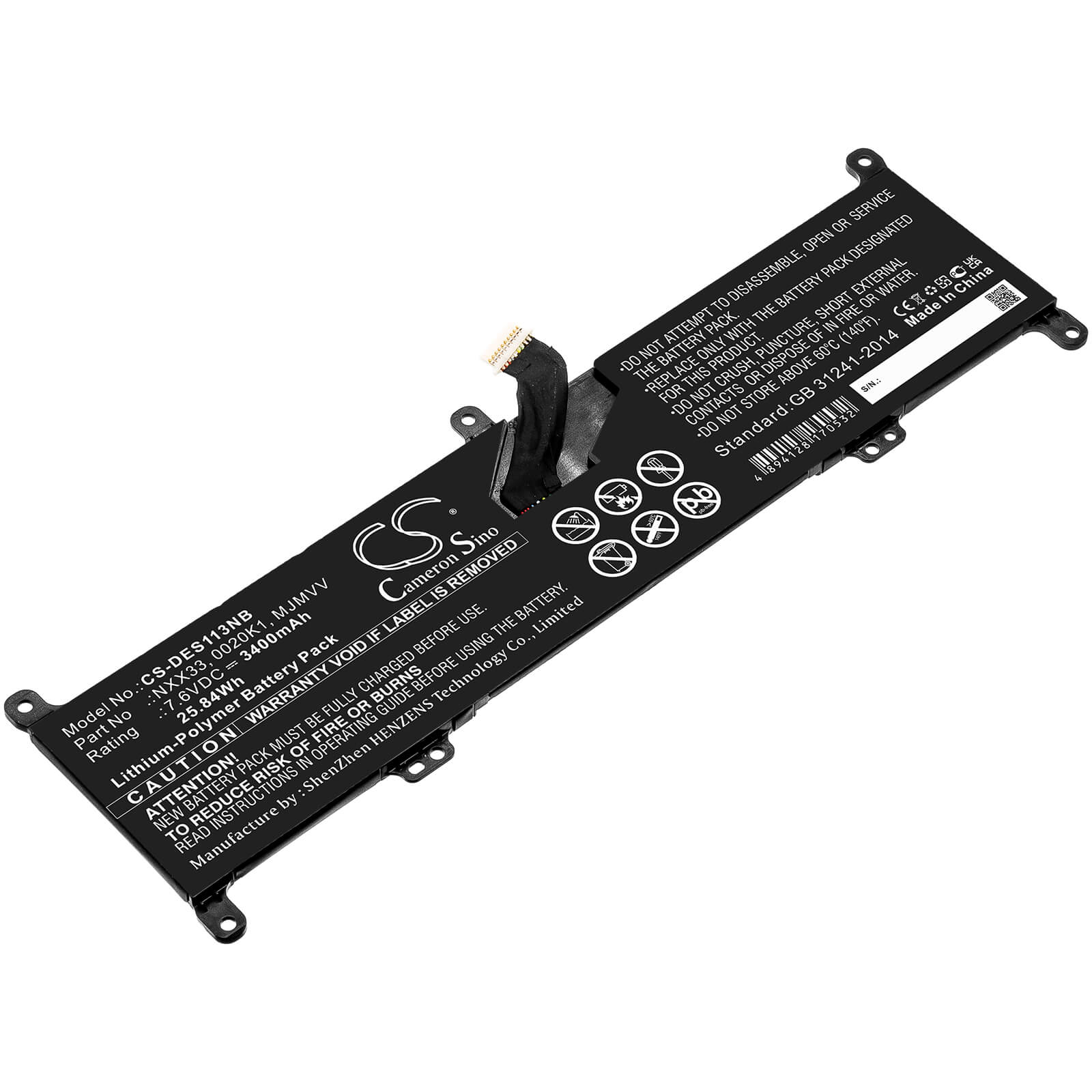 7.6V, 3400mAh, Li-Polymer Battery fits Dell, Inspiron 11 3195 2-in-1, 25.84Wh