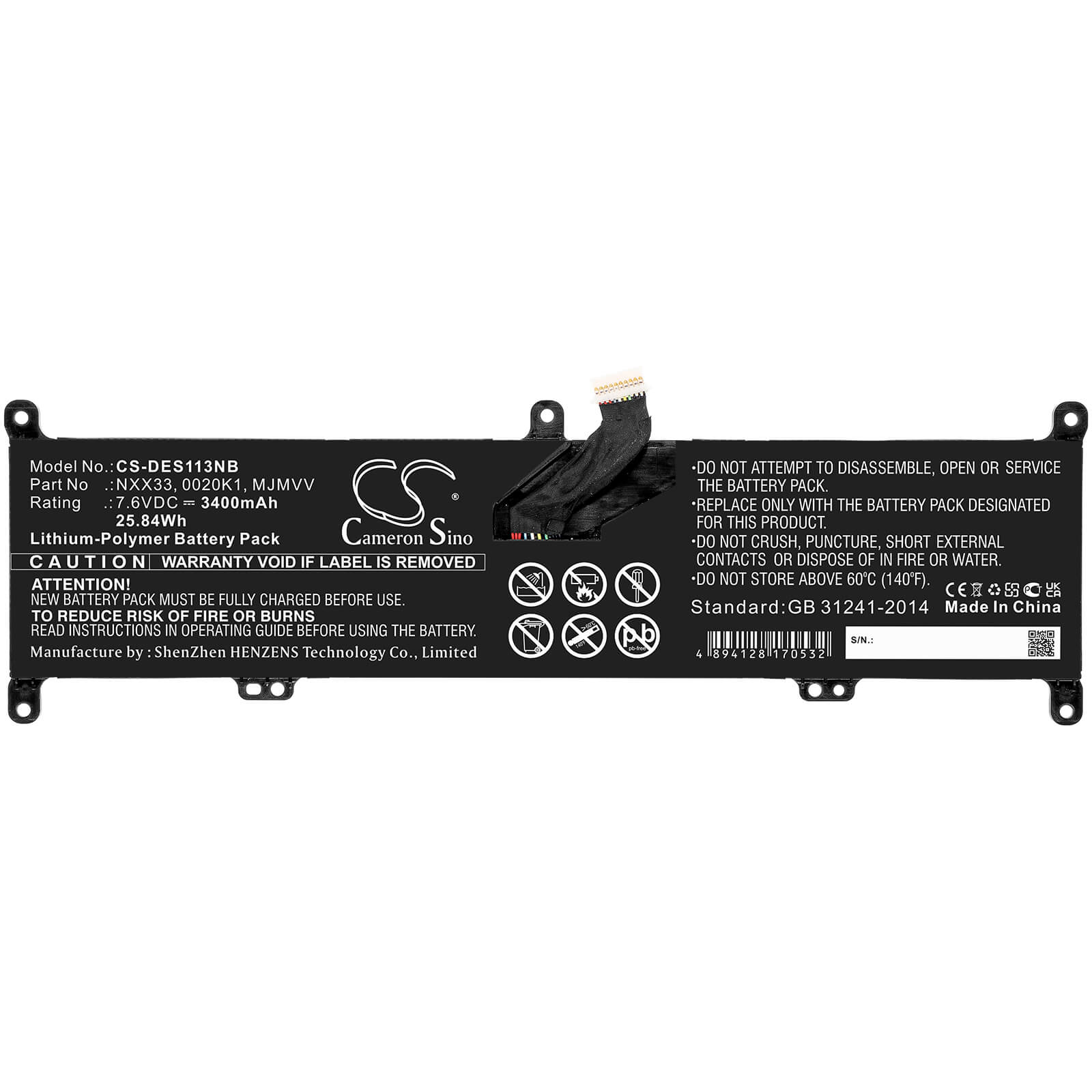 7.6V, 3400mAh, Li-Polymer Battery fits Dell, Inspiron 11 3195 2-in-1, 25.84Wh