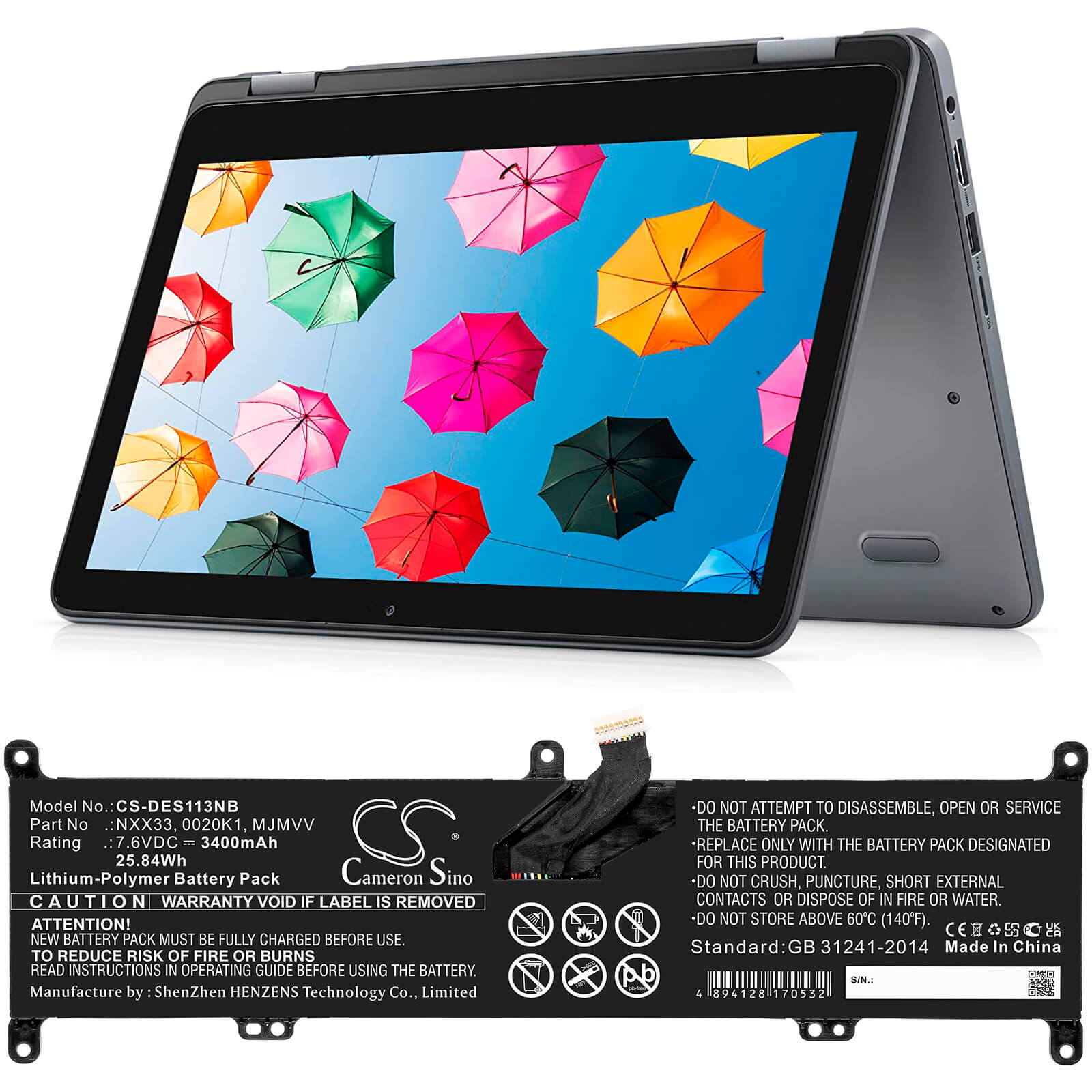 7.6V, 3400mAh, Li-Polymer Battery fits Dell, Inspiron 11 3195 2-in-1, 25.84Wh