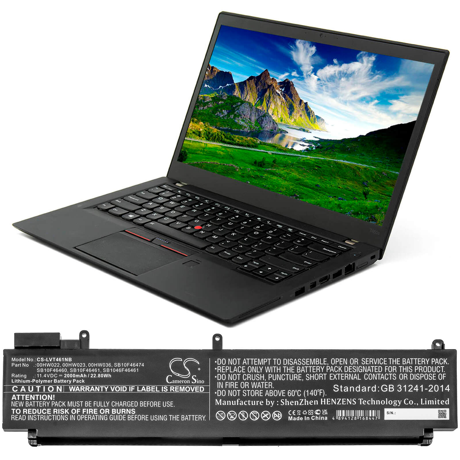 CS-LVT461NB, Notebook, Laptop 11.4V, 2000mAh, Li-Polymer Battery fits Lenovo, T460s-2mcd, T460s-2ncd, 22.8Wh