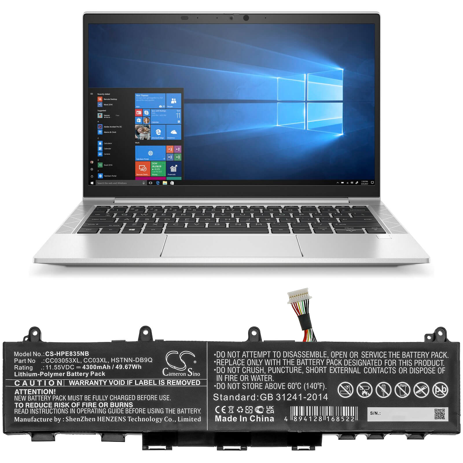 11.55V, 4300mAh, Li-Polymer Battery fits Hp, Elitebook 830 G7, Elitebook 835 G7 23y57ea, 49.665Wh