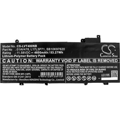11.58V, 4600mAh, Li-Polymer Battery fits Lenovo, Thinkpad T480s, Thinkpad T480s 20l7002lcd, 53.268Wh