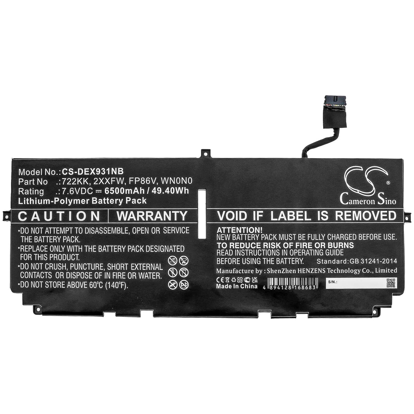 7.6V, 6500mAh, Li-Polymer Battery fits Dell, Xps 13 9300, Xps 13 9300 2020, 49.4Wh