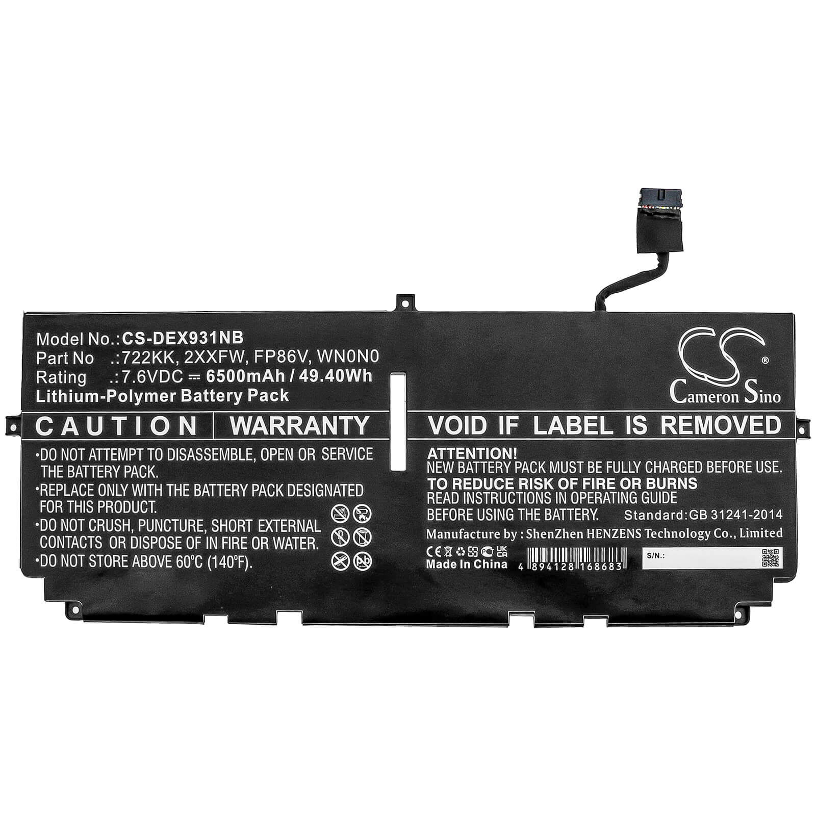 7.6V, 6500mAh, Li-Polymer Battery fits Dell, Xps 13 9300, Xps 13 9300 2020, 49.4Wh