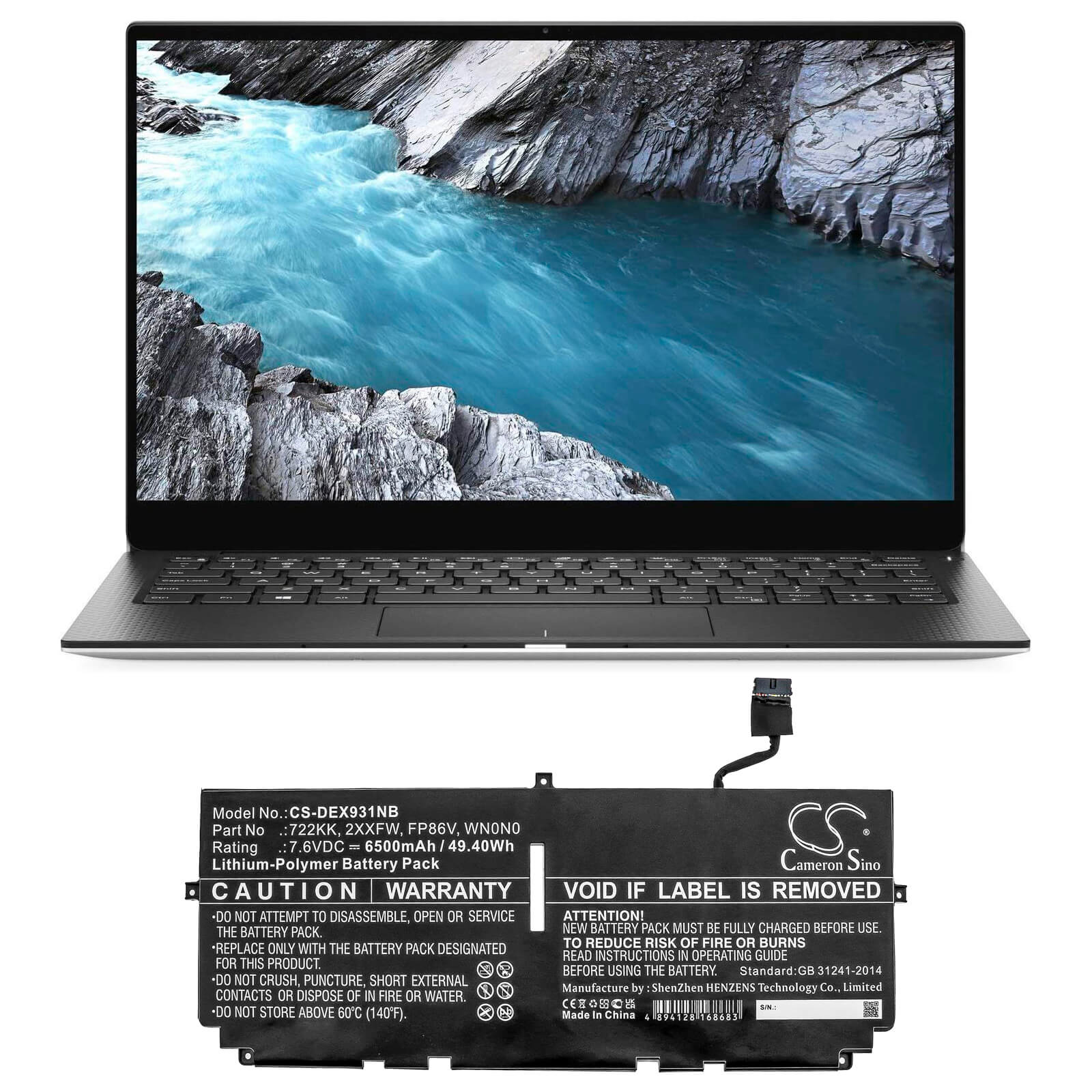 7.6V, 6500mAh, Li-Polymer Battery fits Dell, Xps 13 9300, Xps 13 9300 2020, 49.4Wh