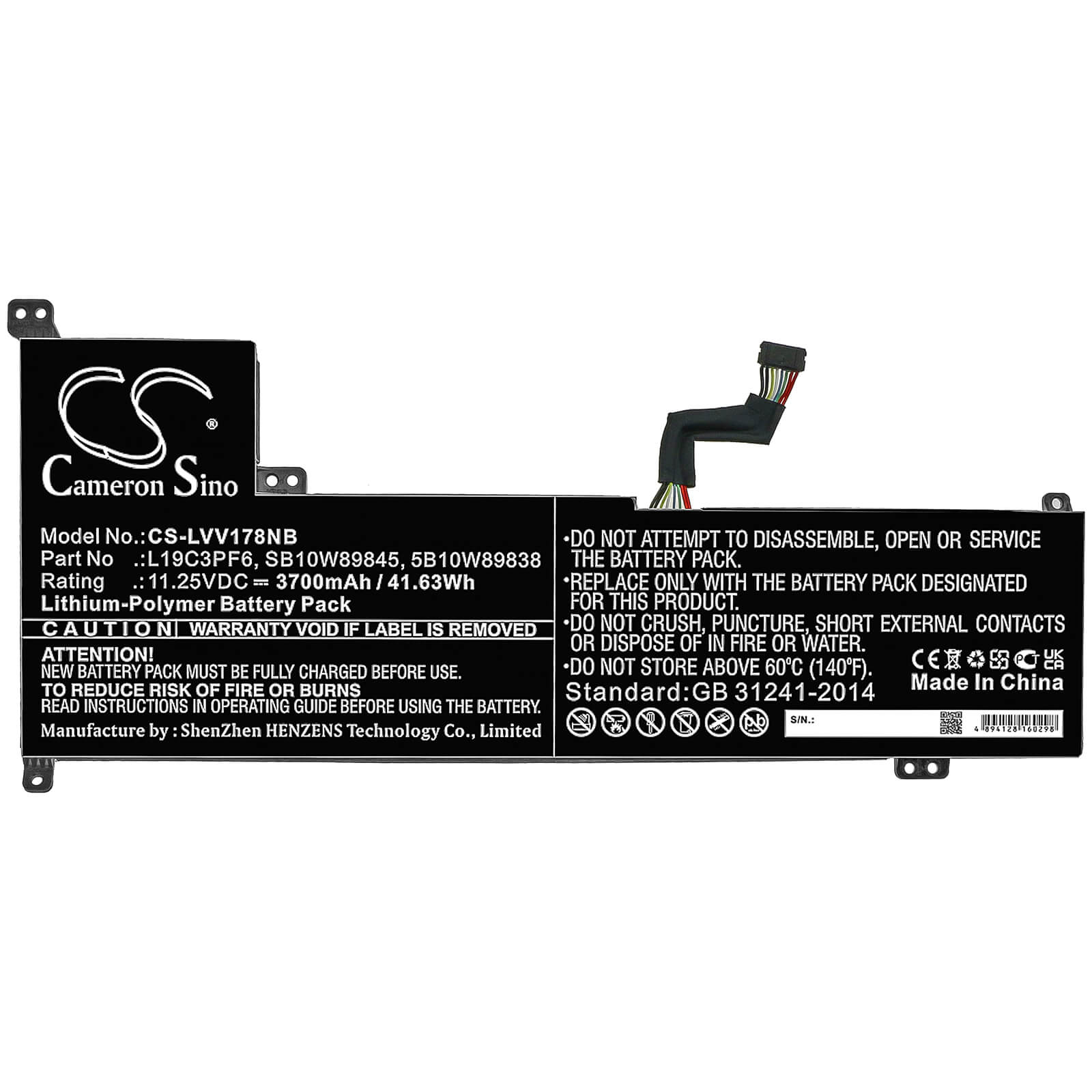 11.25V, 3700mAh, Li-Polymer Battery fits Lenovo, Ideapad 3-17iml0 81wccto1ww, Ideapad 3-17iml05 1wc007hau, 41.625Wh
