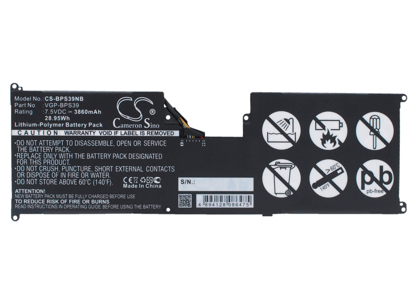 7.5V, 3860mAh, Li-Polymer Battery fits Sony, Svt11213cgw, Svt11215cgb/w, 28.95Wh