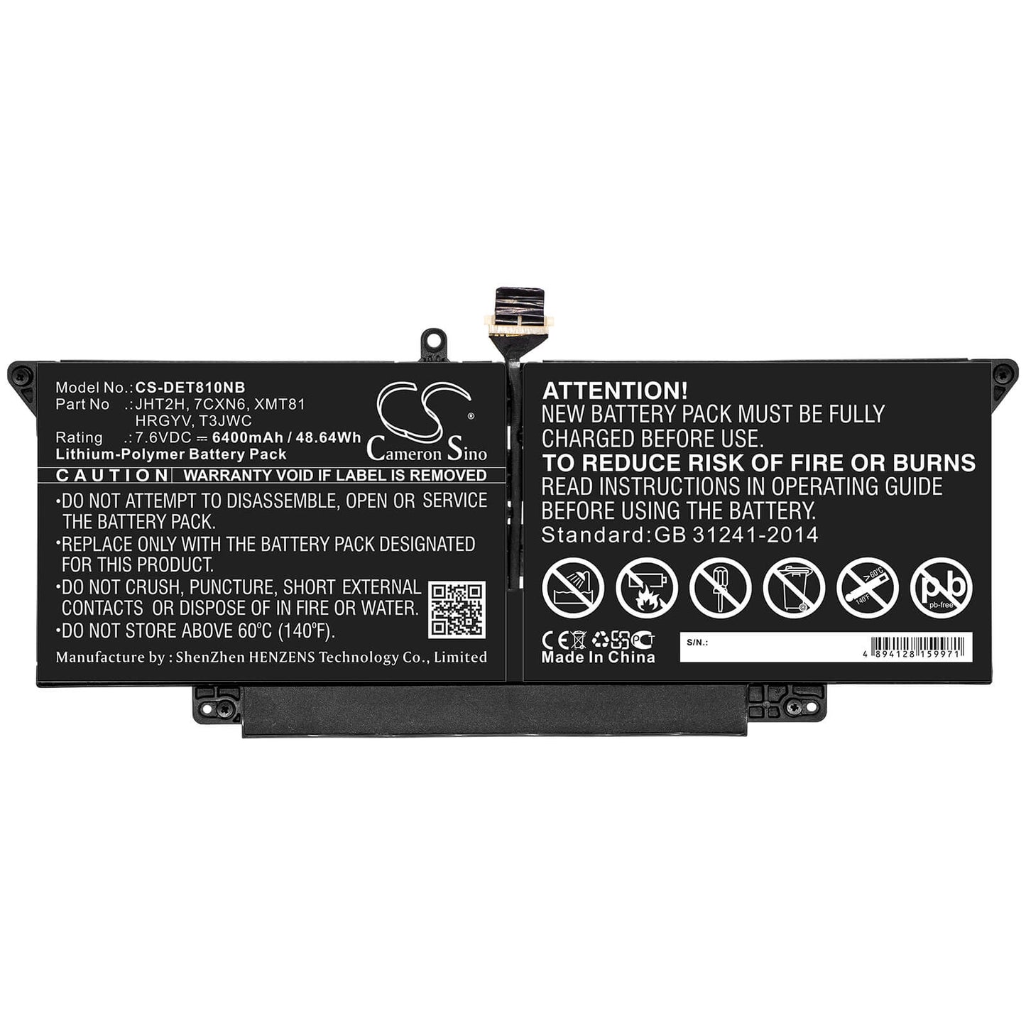 7.6V, 6400mAh, Li-Polymer Battery fits Dell, H0dn8, H0dn8+qq2-01024, 48.64Wh