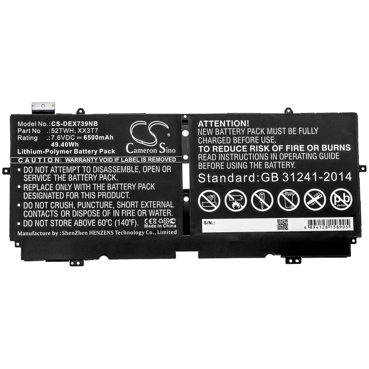 7.6V, 6500mAh, Li-Polymer Battery fits Dell, Xps 13 7390, 49.4Wh