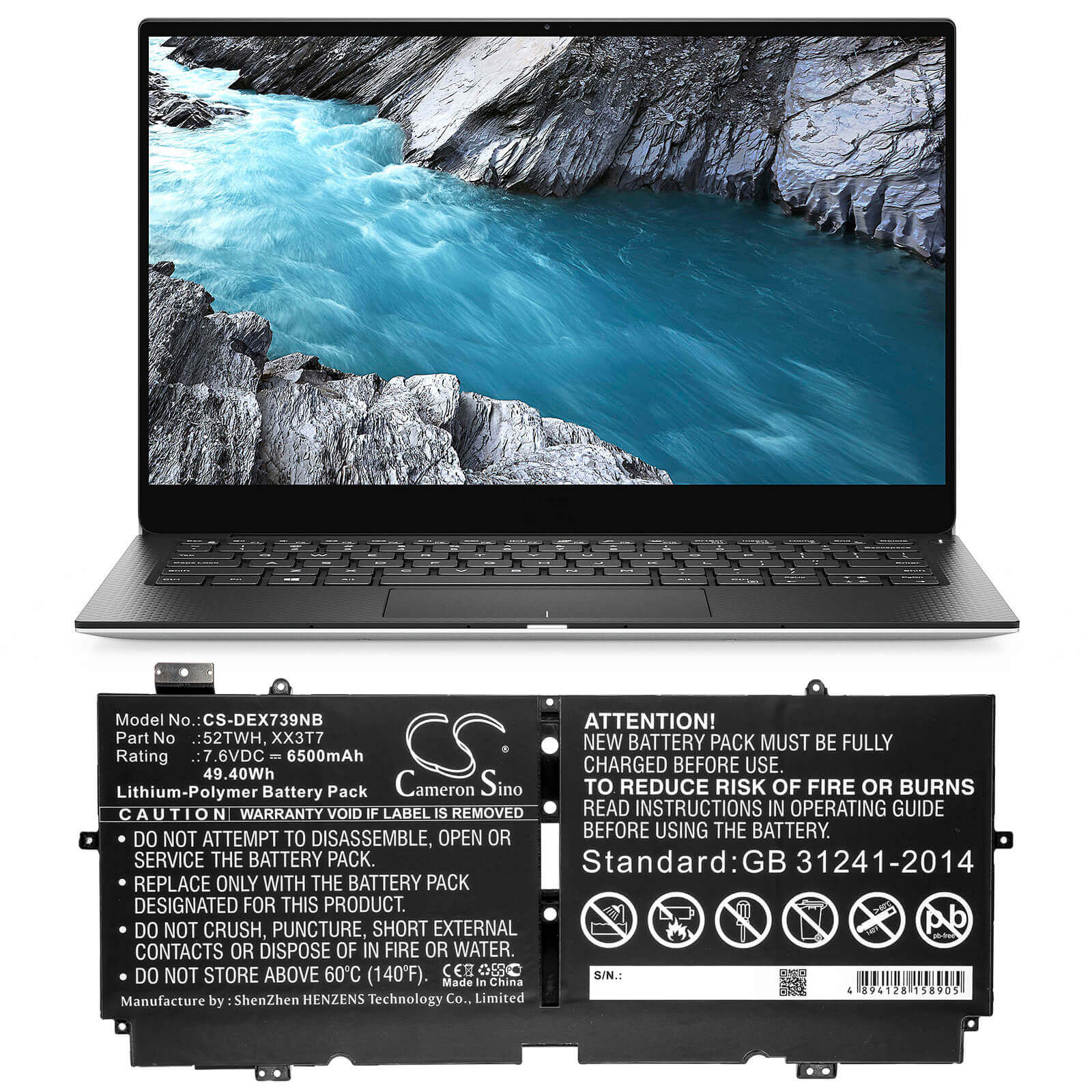 7.6V, 6500mAh, Li-Polymer Battery fits Dell, Xps 13 7390, 49.4Wh
