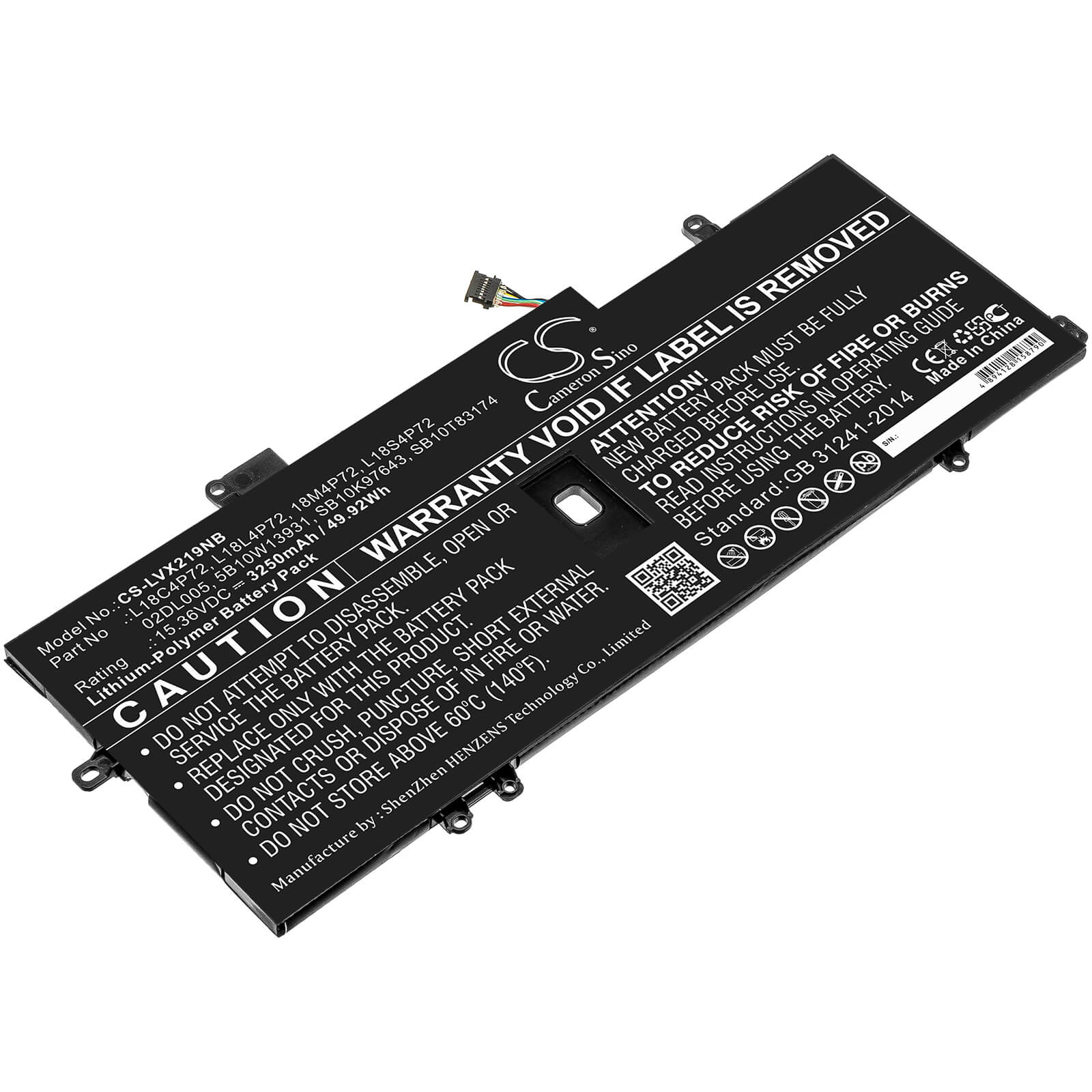 15.36V, 3250mAh, Li-Polymer Battery fits Lenovo, Thinkpad X1 Carbon 2019, Thinkpad X1 Carbon 2019-20qe00, 49.92Wh