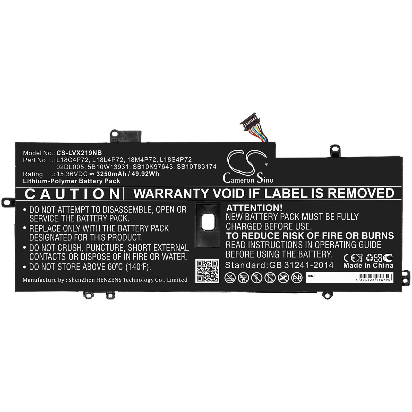 15.36V, 3250mAh, Li-Polymer Battery fits Lenovo, Thinkpad X1 Carbon 2019, Thinkpad X1 Carbon 2019-20qe00, 49.92Wh