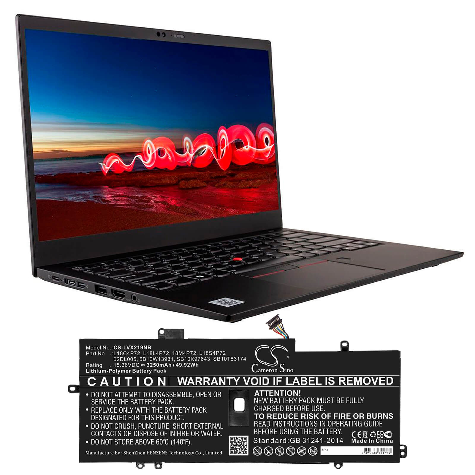 15.36V, 3250mAh, Li-Polymer Battery fits Lenovo, Thinkpad X1 Carbon 2019, Thinkpad X1 Carbon 2019-20qe00, 49.92Wh