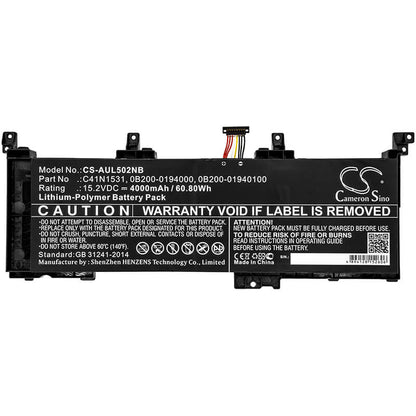 15.2V, 4000mAh, Li-Polymer Battery fits Asus, Fx502vs, Fx502vy, 60.8Wh