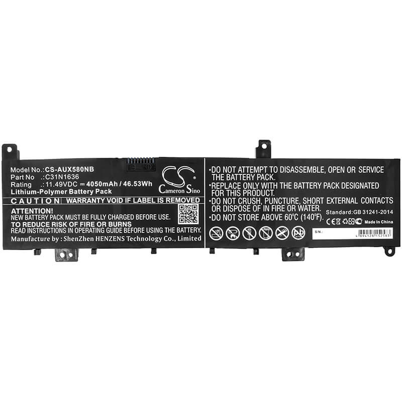 11.49V, 4050mAh, Li-Polymer Battery fits Asus, N580, N580gd, 46.5345Wh