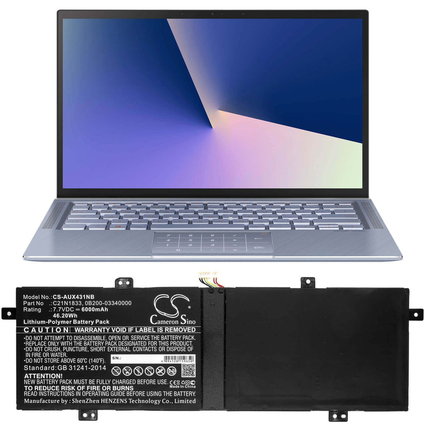 7.7V, 6000mAh, Li-Polymer Battery fits Asus, Bx431fa, Bx431fb, 46.2Wh