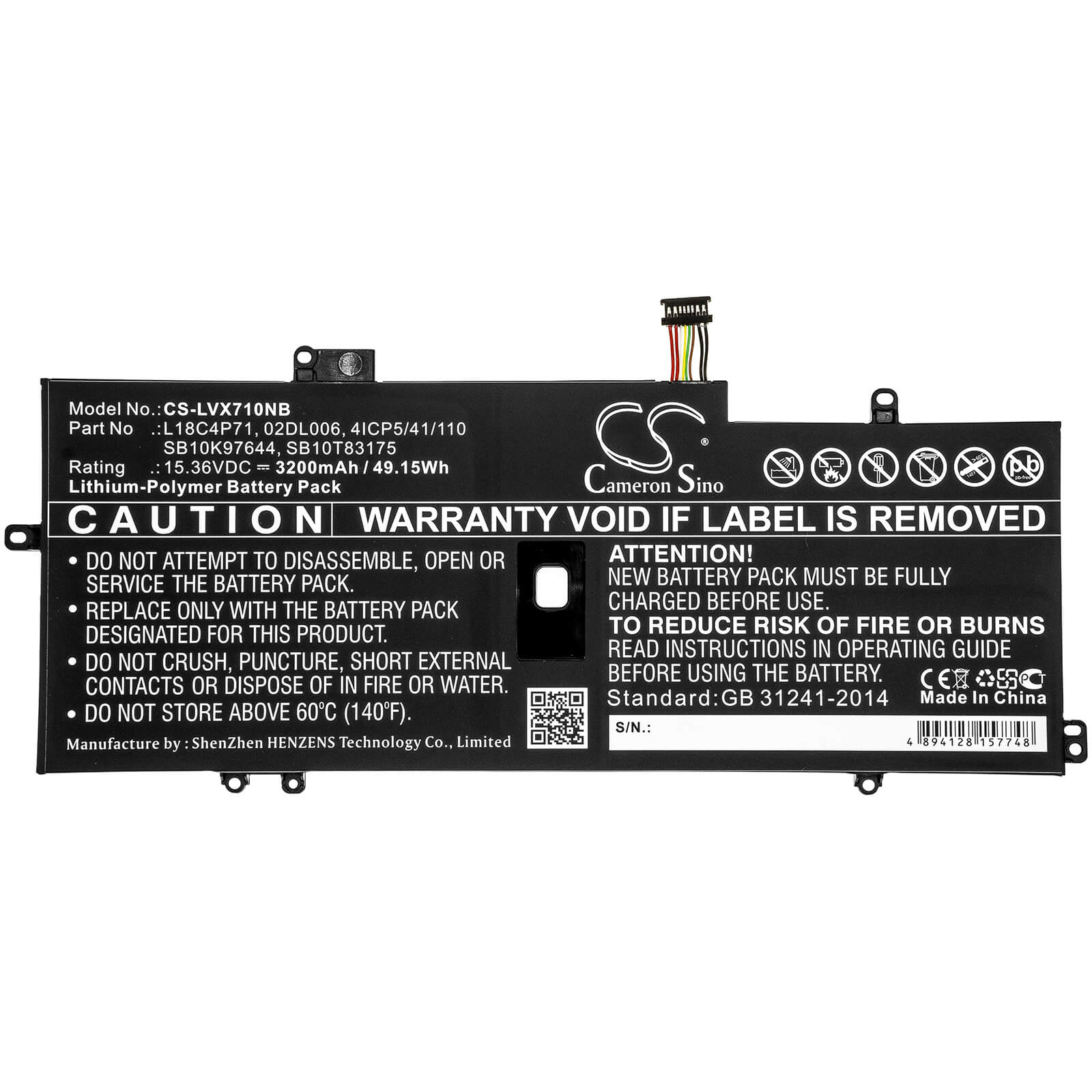 15.36V, 3200mAh, Li-Polymer Battery fits Lenovo, Thinkpad X1 Carbon 2019, Thinkpad X1 Carbon 7th, 49.152Wh