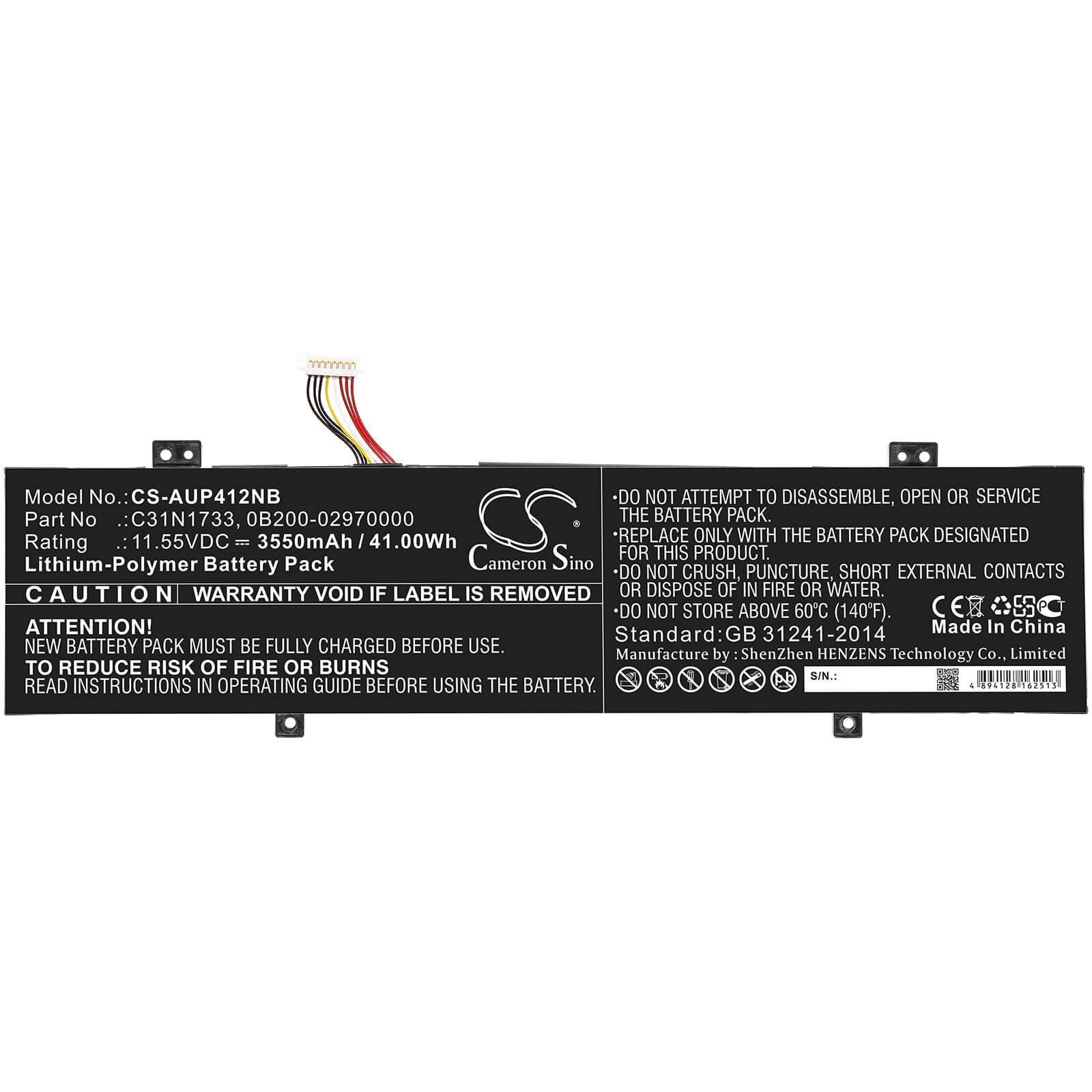 11.55V, 3550mAh, Li-Polymer Battery fits Asus, Tp412fa, Tp412fa-db72t, 41.0025Wh
