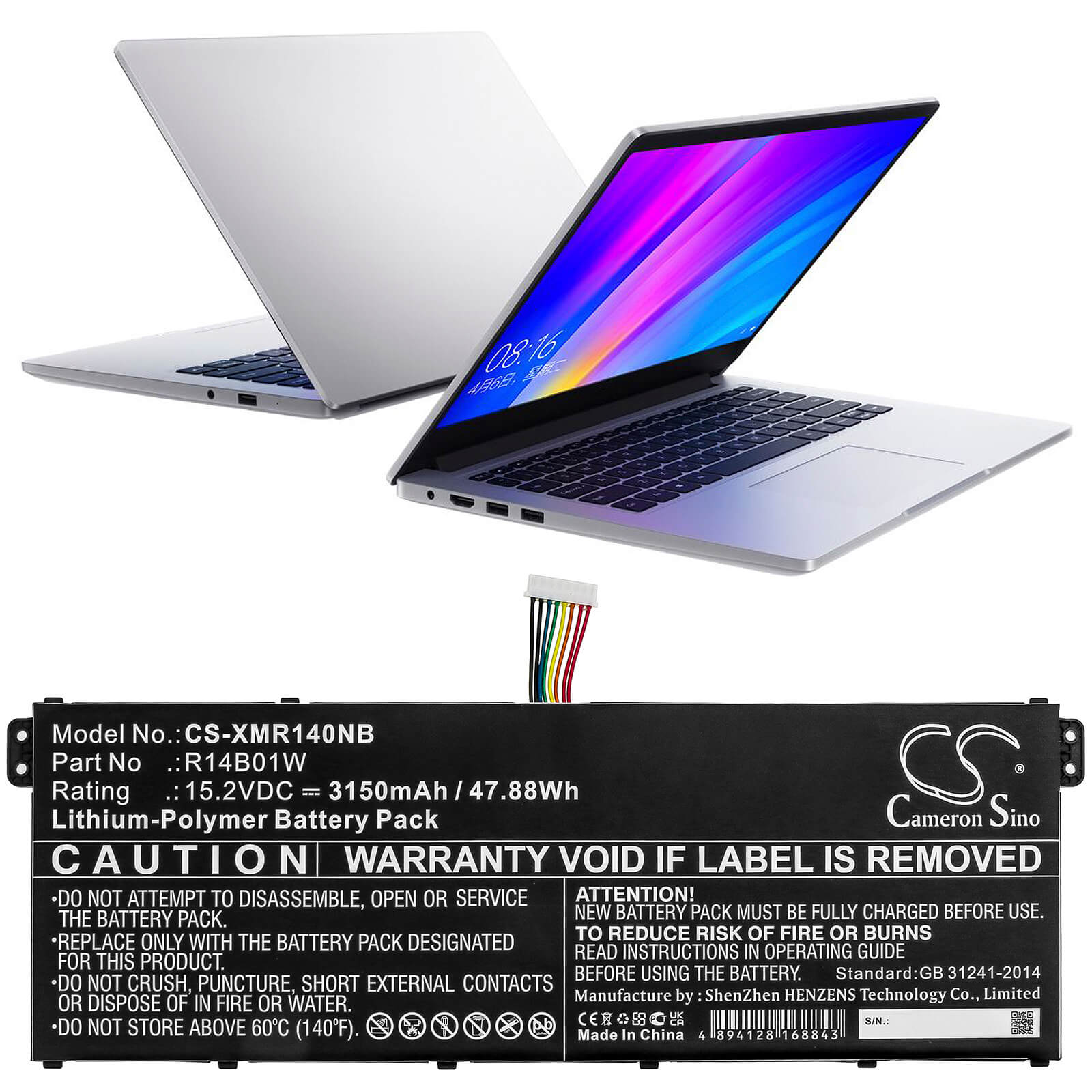 15.2V, 3150mAh, Li-Polymer Battery fits Xiaomi, Redmi Book 14, Xma1901-aa/ag, 47.88Wh