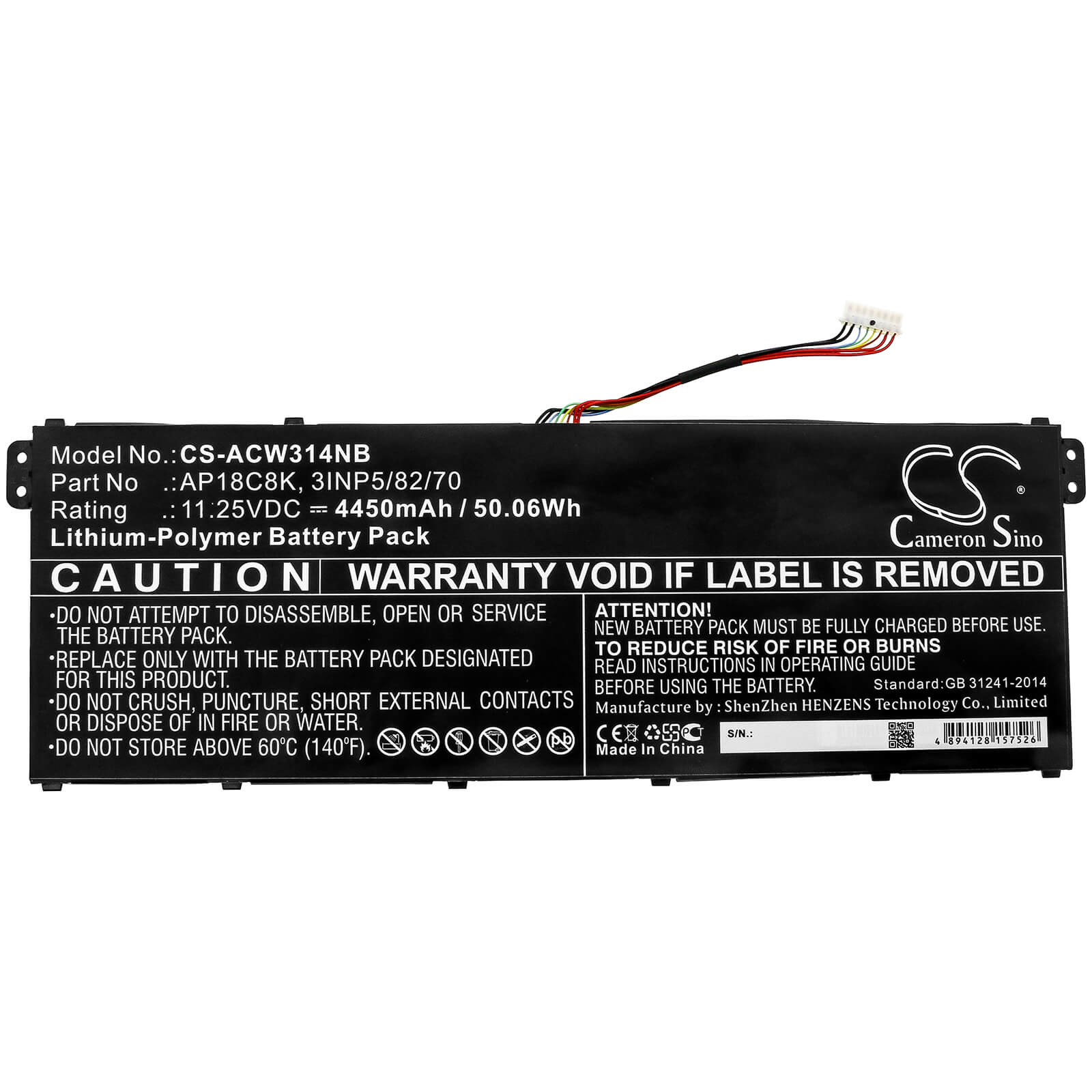 11.25V, 4450mAh, Li-Polymer Battery fits Acer, Aspire 5 A514-52-58u3, Chromebook 314 C933, 50.0625Wh