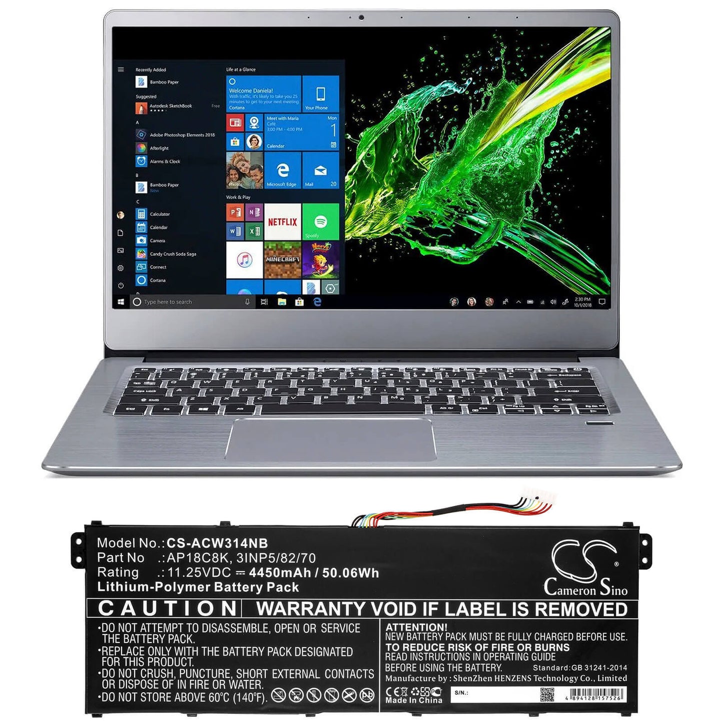 11.25V, 4450mAh, Li-Polymer Battery fits Acer, Aspire 5 A514-52-58u3, Chromebook 314 C933, 50.0625Wh