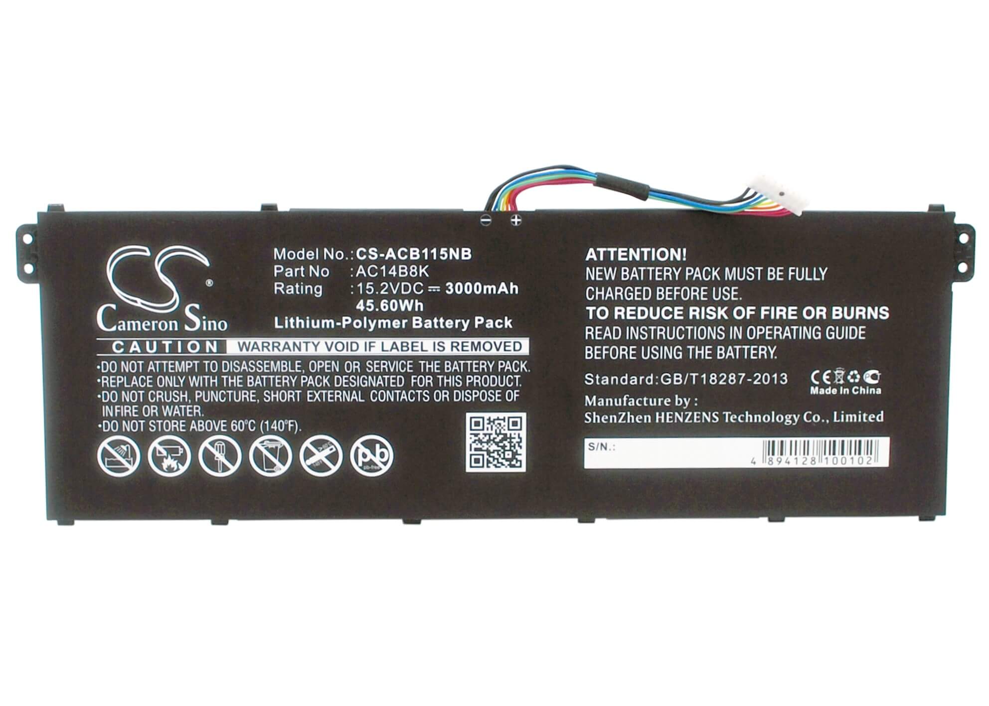 15.2V, 3000mAh, Li-Polymer Battery fits Gateway, Ne511, Ne512, 45.6Wh